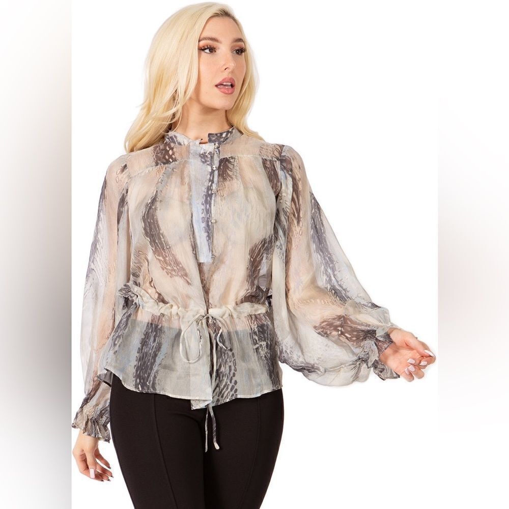 Vertigo Paris 100% silk sheer marbled animal print blouse size Large white grey